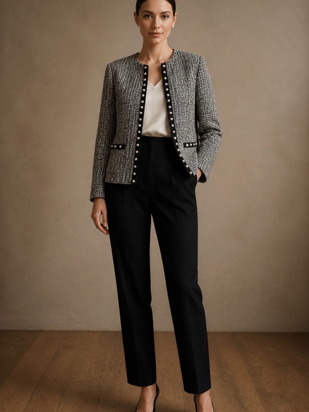 White House Black Market Black & White Tweed Pearl-Trim Blazer